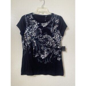 Tahari SZ Medium Black Silver Short Sleeve Slenderizing Stretch Tank T-shirt NWT